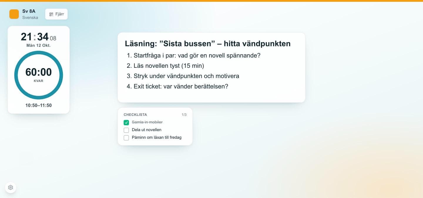 Live-tavlan i projektorvyn med lektionens upplägg: Tavla