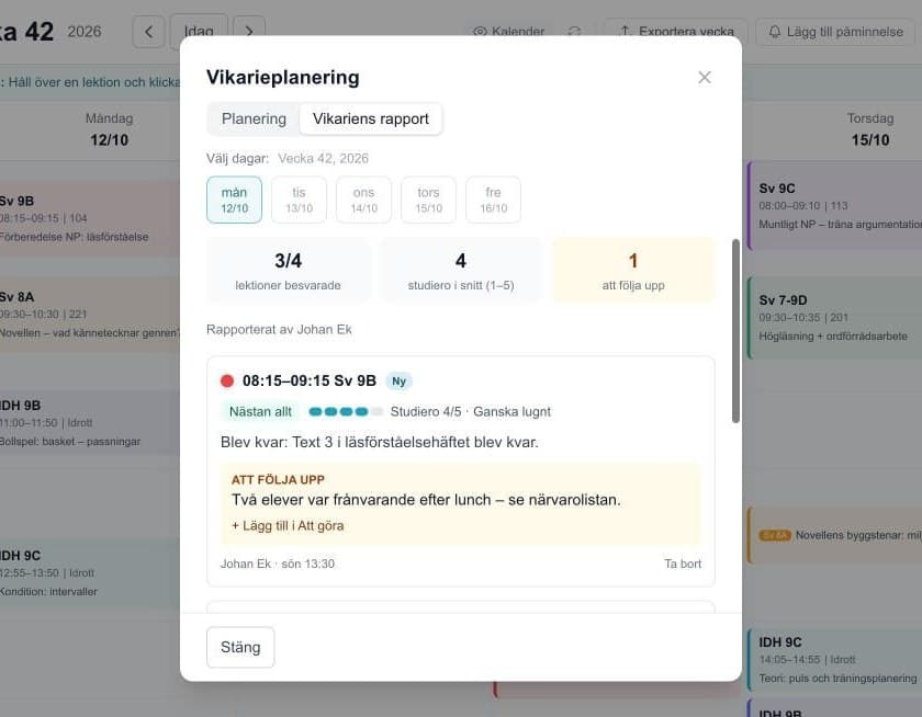 Vikariens rapport med studiero och saker att följa upp