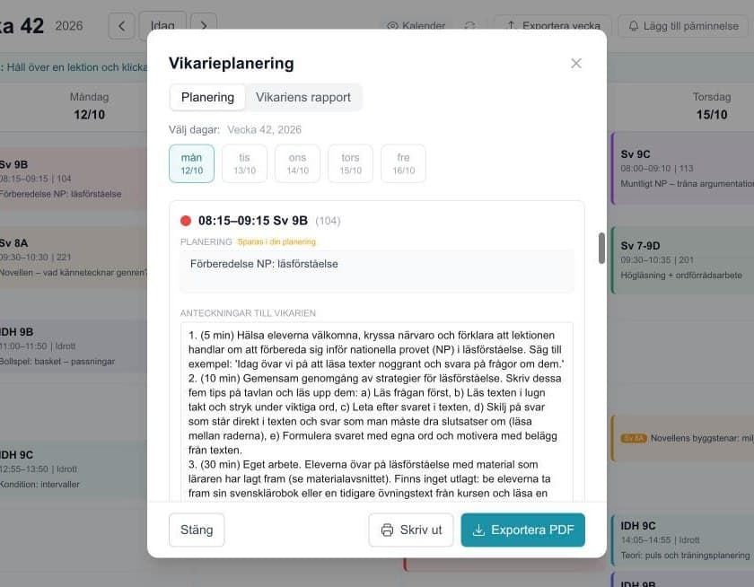 Vikarieplanering med AI-genererade instruktioner per lektion: Planering